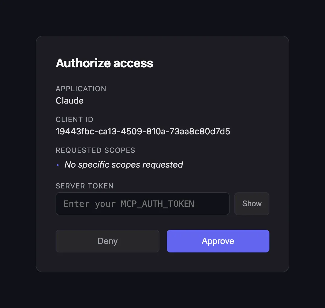 The consent page: application name, client ID, requested scopes, a server token field, and Deny and Approve buttons