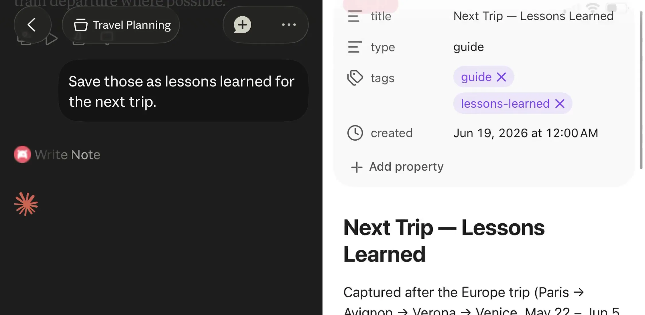 Left: asking Claude on mobile to save trip lessons, showing the Write Note tool call. Right: the resulting Next Trip Lessons Learned note open in Obsidian